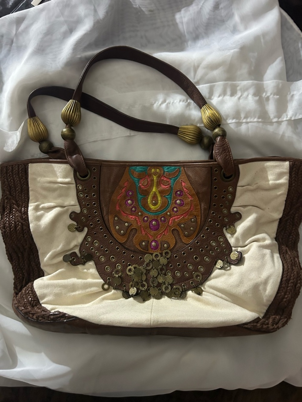 Gene Scenes Boho Embroidered Canvas Tote Bag in Cream and Brown